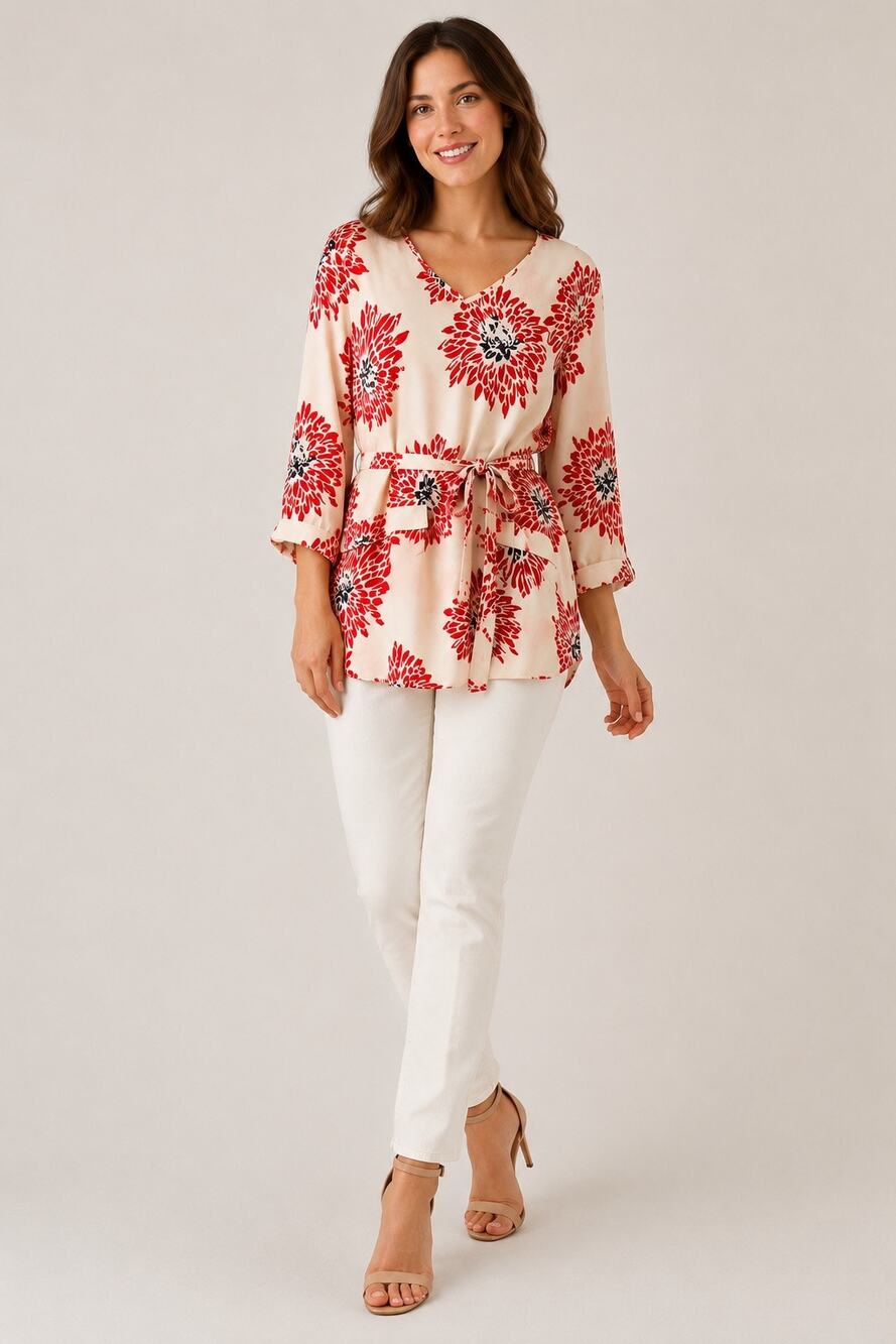 Banana Republic Floral Tie-Waist Blouse – Small – Red & Cream Floral Top